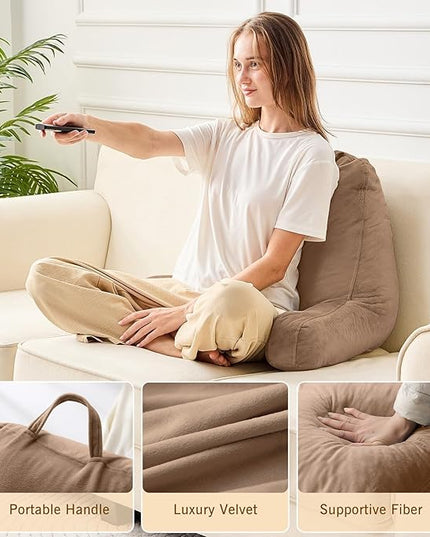 Sasttie Reading Pillow, Velvet Back Pillow for Bed Sitting Up, Adult Back-Rest Support Cushion with Arms for Sit Up on Couch, Sofa, and Floor, Dorm Essentials, Reading Accessories, Light Brown