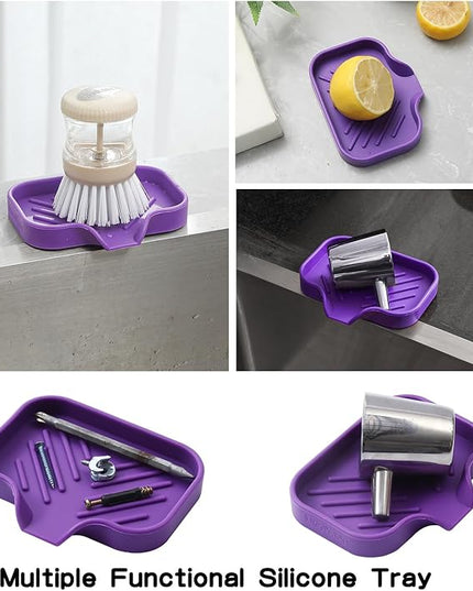 Silicone Bathroom Soap Dishes with Drain Spout-Bathroom and Kitchen Sink Organizer,Sponge Holder,Dish Soap Tray,Perfect for Dispenser,Scrubber,Bottle,Cup on Sink or Counter-Purple 4.9"×3.2"