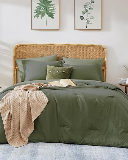 WRENSONGE Queen Comforter Set- 7 Pieces Soft Olive Green Bed in a Bag with Fitted Sheet, Flat Sheet, 2 Pillow Shams, and 2 Pillowcases- Warm Bedding Sets Queen for All Season