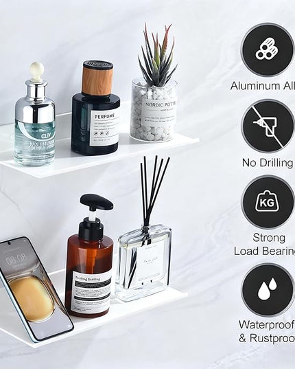 White Adhesive Shower Caddy 30cm, Bathroom Floating Shelves for Wall No Drilling 2 Pack, Metal Bathroom Wall Shower Shelves Storage Organizer for Kitchen Home