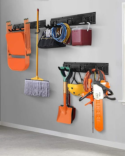 Garden Tool Rack Set, Garage Wall Organization Hanger with 3 Mop Holder and 6 Multi-Purpose Hooks, Garden Yard Shovels Rakes for String Hedge Trimmer Brooms Hoses Folding Chairs ladders, and More