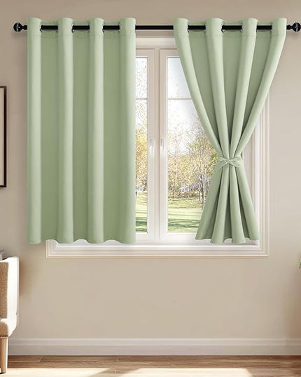 JIUZHEN Light Green Blackout Curtains with Tiebacks Thermal Insulated, Light Blocking and Noise Reducing Grommet Curtains for and Living Room, Set of 2 Window Curtain Panels, 52 x 54 Inch Length