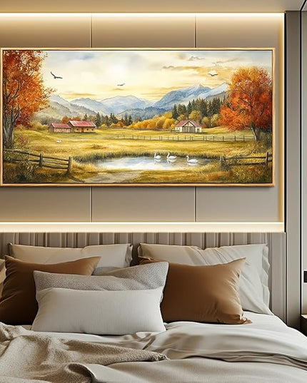 PHAOHUAXM Large Canvas Wall Decor For Living Room Wall Art For Farmhouse Office Mural For Bedroom Ink-Wash Landscape Paintings Print Artworks Pictures Dining Room Home Decor 30"X60" Wood Framed