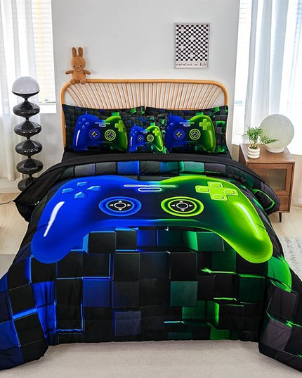 PERFEMET Gamer Comforter Queen Set 6 Pieces Blue and Green Game Console Boys Bedding Set with Sheets Soft Fluffy 3D Video Game Bed in a Bag for Kids Teen(Blue Green, Queen)