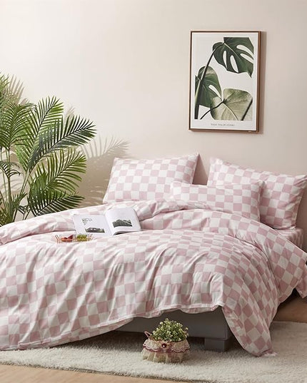 CLOTHKNOW Pink Plaid Comforter Set California King 3Pcs Pink White Bedding Comforter Sets Checker Comforter Soft Grid Comforter Sets Cal King