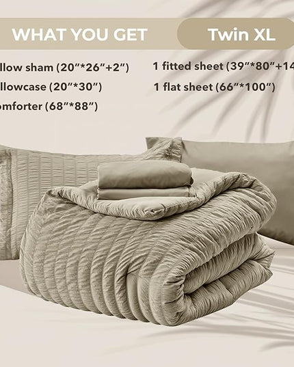 HYMOKEGE Linen Twin XL Comforter Set Seersucker 5 Pieces, All Season Luxury Bed in a Bag for Bedroom, Bedding Set with Comforter, Sheets, Pillowcase & Sham