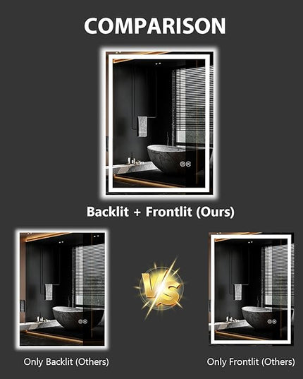 16x24 LED Bathroom Mirror with Lights, Lighted Bathroom Vanity Mirror for Wall, Anti-Fog, Dimmable, Backlit + Front Lit, Memory Function, Shatter-Proof, 3 Colors, Horizontal/Vertical