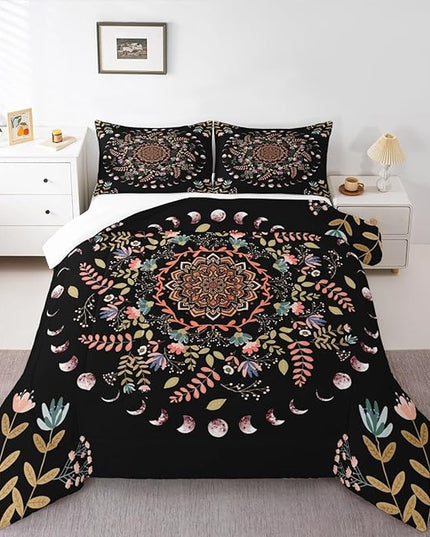 Sun and Moon Kids Comforter Set King Size,Mandala Flowers Leaves Boho Exotic Bedding Set,Boys Girls Adults Room Decor,Starry Sky Datura Trippy Down Comforter,Colorful Duvet Insert,2 Pillowcases