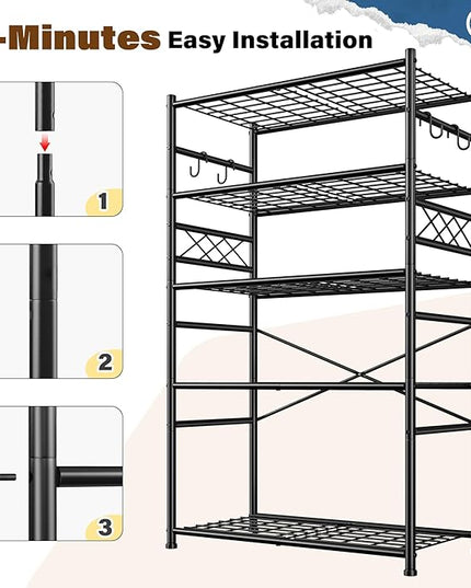 Storage Shelves 5-Tier Large Capacity Metal Shelving with Hooks, Heavy Duty Garage Shelving Unit with Leveling Feet, Stable Metal Shelves for Pantry, Kitchen and Closet, 72" H x 36" W x 12" D, Black