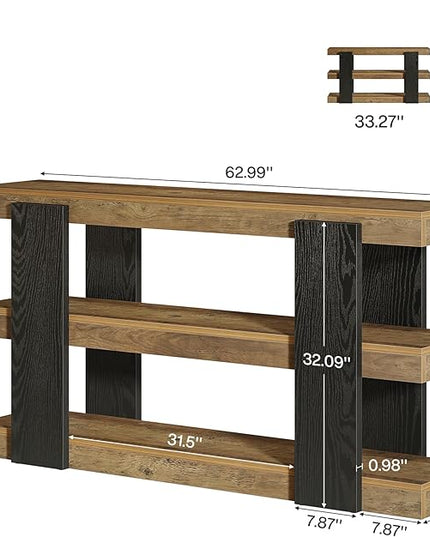 Tribesigns 63-Inch Long Console Table, 3-Tier Entryway Table with Storage, Farmhouse Wood Behind Couch Tables for Entryway, Living Room, Hallway, Rustic Brown & Black
