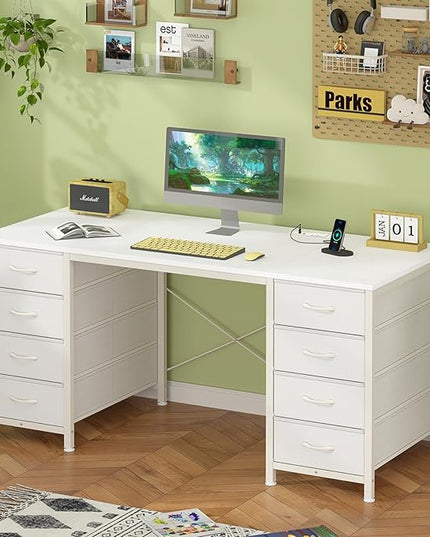 50 Inch White Computer Desk with 8 Drawers, Home Office Desk with Power Outlets, Work Study Gaming Desk with 8 Fabric Drawers, White