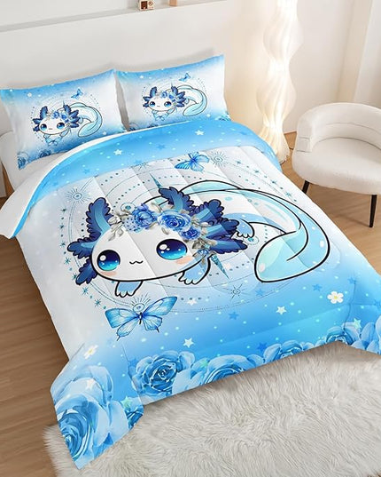 Cartoon Axolotl Bed Comforter & Bedding Set, Queen Size, Blue with Butterfly & Flowers Pattern, Includes 2 Pillowcases
