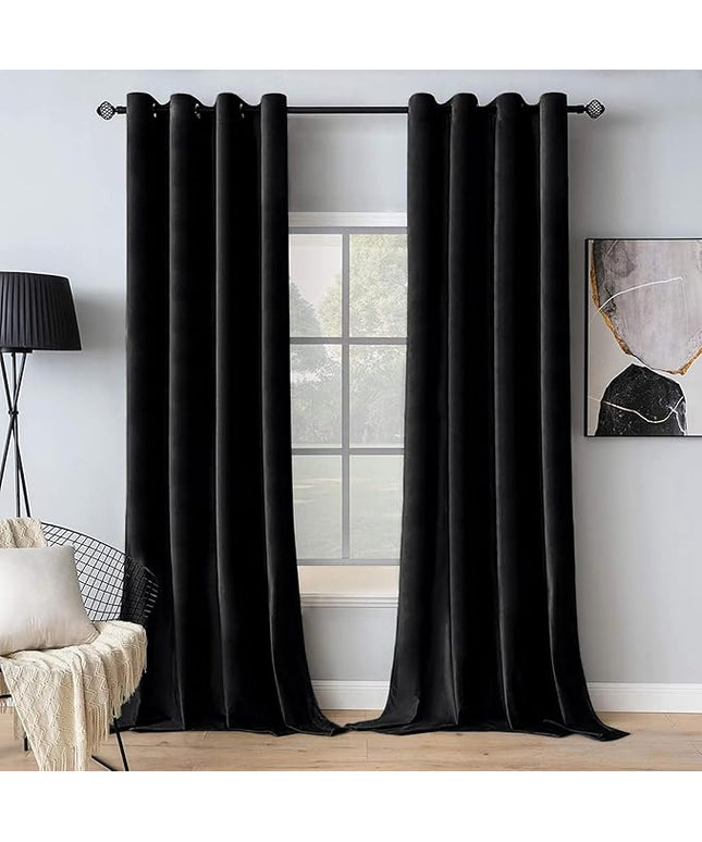 MIULEE Black Out Velvet Curtains 96 Inch Length for Room Darkening Long Blackout Curtains with Grommet Top for Bedroom/Living Room Light Blocking Thermal Insulating Soundproof Set of 2， Black