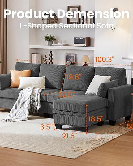 CHIC HOUSE Corduroy Modular Sectional Couch with Ottoman Chaise, L/U Shaped Sleeper Sofa for Living Room, Apartment, Lounge, Modern Armrest Neck Support Furniture (5 Seater Sectional, Dark Grey)