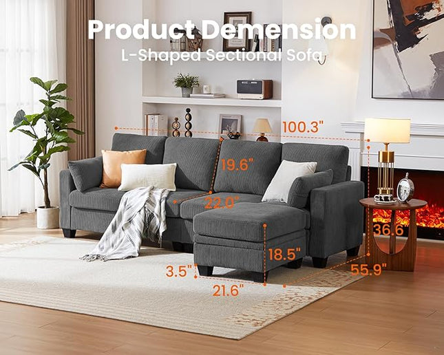 CHIC HOUSE Corduroy Modular Sectional Couch with Ottoman Chaise, L/U Shaped Sleeper Sofa for Living Room, Apartment, Lounge, Modern Armrest Neck Support Furniture (5 Seater Sectional, Dark Grey)