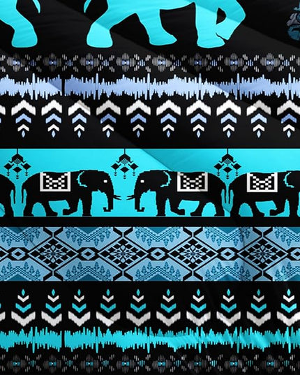 Western Comforter Set Full Size Elephant Print Bedding for Kids,Blue Series Animal Themed Bedding Set for Boys Girls Room Decor,Boho Bedding Comforter Sets with 2 Pillowcases.