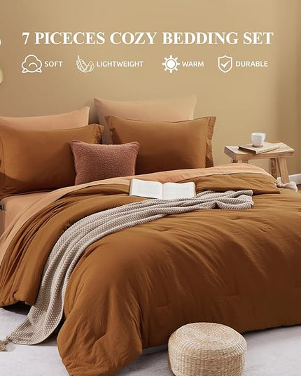 WRENSONGE Terracotta King Comforter Set, 7 Pieces Soft Microfiber King Size Comforter with Fitted Sheet, Flat Sheet 2 Pillow Shams, and 2 Pillowcases- Warm King Bedding Set for All Season