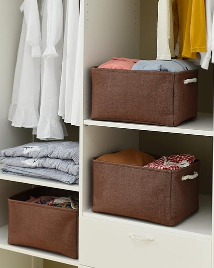 TheWarmHome Decorative Basket Rectangular Fabric Storage Bin Organizer Basket with Handles for Clothes Storage (Brown,Large-3Pack,15.7L*11.8W*8.3H)