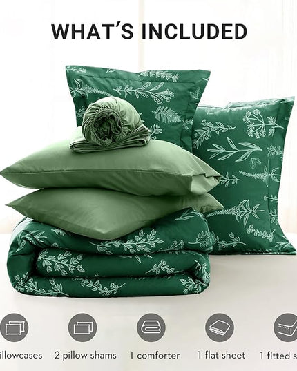 MUXHOMO Emerald Green Bed in a Bag Queen 7 Pieces, Queen Comforter Set Reversible Botanical Flowers Design, Ultra Soft & Breathable Bedding Sets with Comforter, Sheets, Pillowcases & Shams
