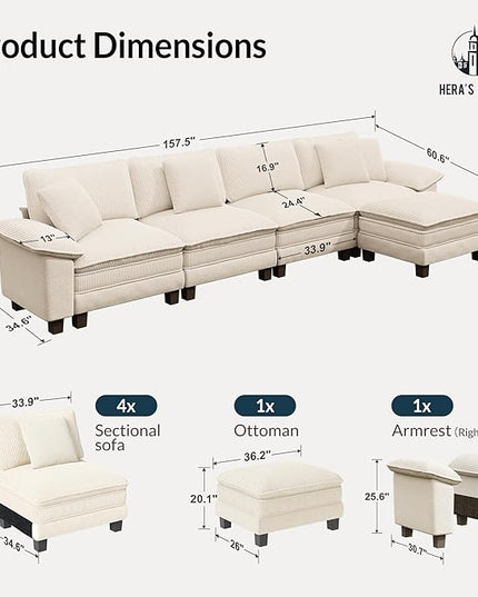 HERA'S HOUSE 158" Modular Sectional Sofa, Oversized L Shaped Couches for Living Room, Comfy Cloud Couch with Ottoman, 5-Seater Deep Seat Sofa with Throw Pillow, Corduroy and Chenille Beige
