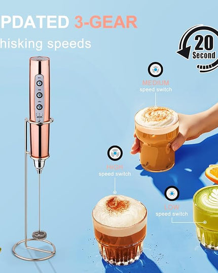 YUSWKO Rose Gold Handheld Milk Frother Wand with Stand for Coffee, Rechargeable Electric Whisk with 3 Heads 3 Speeds Drink Mixer Coffee Frother For Latte, Cappuccino, Hot Chocolate, Egg