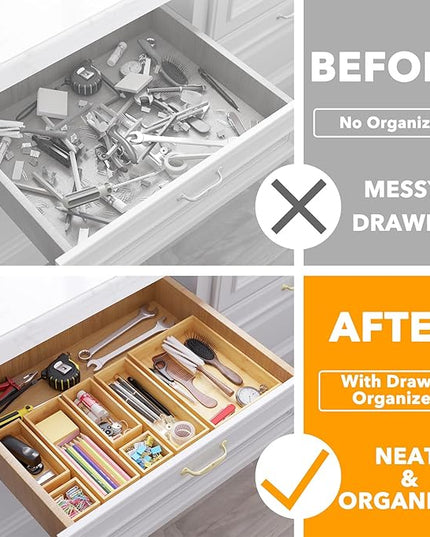 SpaceAid 7-Piece Bamboo Drawer Organizer Storage Boxes Set, Wood Tray Junk Drawer Organizers Multi-Use Divider Bins for Kitchen, Bathroom, Office Desk and Makeup Organization (7 Pack, Natural)