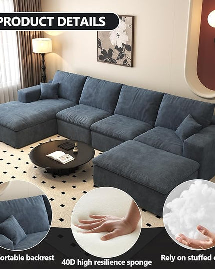 136.6'' U-Shaped Modern Modular Sectional Cloud Couch Whit Ottoman, 4-Seat Chenille Deep-Seat Sofa with Pillow for Living Room, Bedroom, Apartment, Ocean Blue