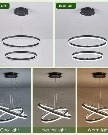 2-Rings Modern LED Chandelier Black for Dining Room, Circular Flush Mount Ceiling Chandelier Light Dimmable Pendant Light with Remote Control for Living Room Entrance Foyer, 3000K-6500K