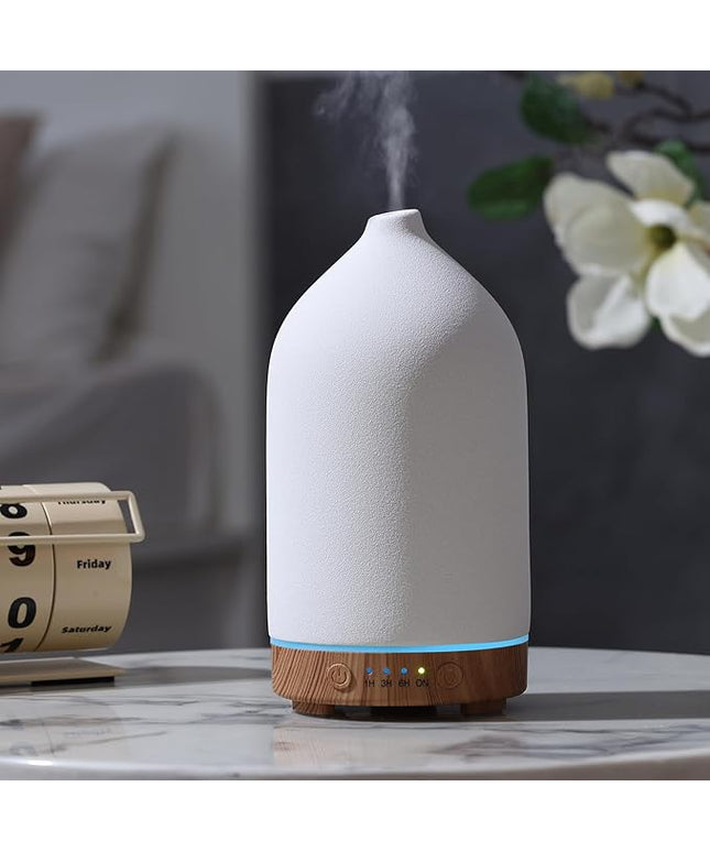 200ML Ceramic Essential Oil Diffuser - Ultrasonic Aromatherapy & Humidifier with 7-Color LED Lights, Auto Shut-Off, Wood Grain Base, 1H/3H/6H Timer | Scent for Home, Office, Yoga