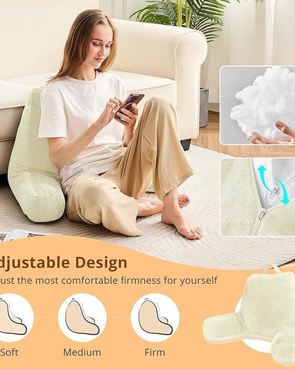 Sasttie Reading Pillow, Velvet Back Pillow for Bed Sitting Up, Adult Back-Rest Support Cushion with Arms for Sit Up on Couch, Sofa, and Floor, Dorm Essentials, Reading Accessories, Cream