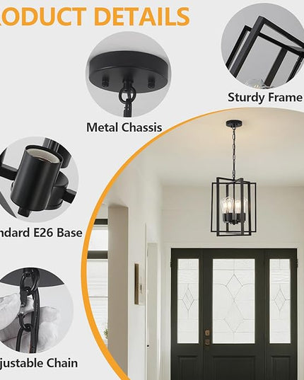 4 Light Modern Farmhouse Chandelier for Dining Room, Black Pendant Lights Fixtures for Kitchen Island, Foyer Lighting Fixtures High Ceiling for Entryway Hallway Living Room Bedroom