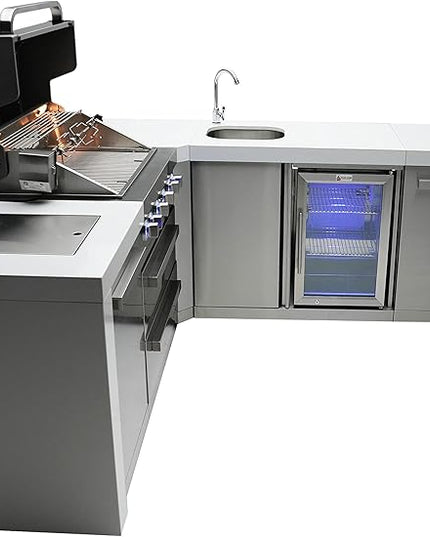Mont Alpi MAi400-D90BEV 32-Inch 4-Burner 78000 BTU 90 Degree Corner Deluxe Stainless Steel Gas Outdoor Kitchen Barbecue Gas Island Grill w/Wine Cooler Beverage Center Refrigerator + Faucet & Sink