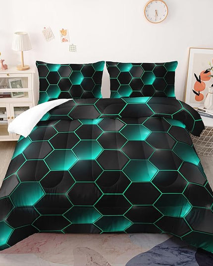 Geometric Black Green Neon Comforter Set,Light Honeycomb 3 Piece Bedding Set Twin for Teen Boys,Modern Bedding Quilt Set Geometry Decor,Microfiber Lightweight 1 Comforter 2 Pillowcases All Season
