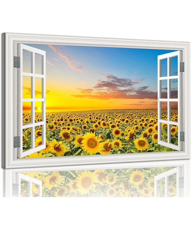 Sunflower Wall Art Decor Flower Canvas Pictures for Living Room Rustic Painting for Wall Window Style Sunset Art Prints for Bedroom Nature Floral Landscape Artwork for Home Office Kitchen Decorations,