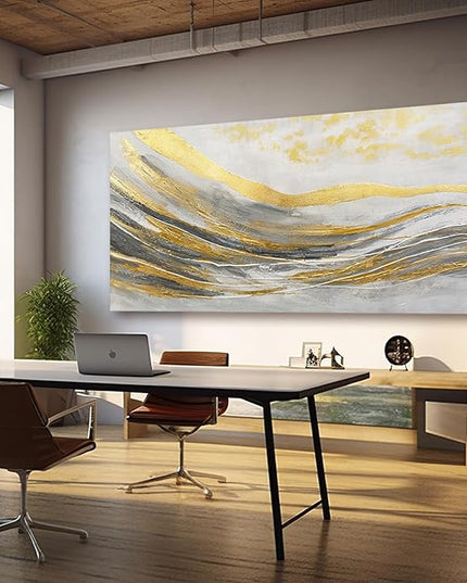 Artexist White Line Wall Paintings Modern Wall Art Gold Foil Photo Prints 29"x58" Large Dining Room Wall Decor Posters for Bedroom