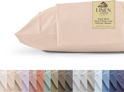 Linen Home 100% Cotton Percale Pillowcases King Size, Sand Shell, 2 Pieces of Pillow Case, Crisp and Cool Strong Bed Linen, 20 inches X 40 inches