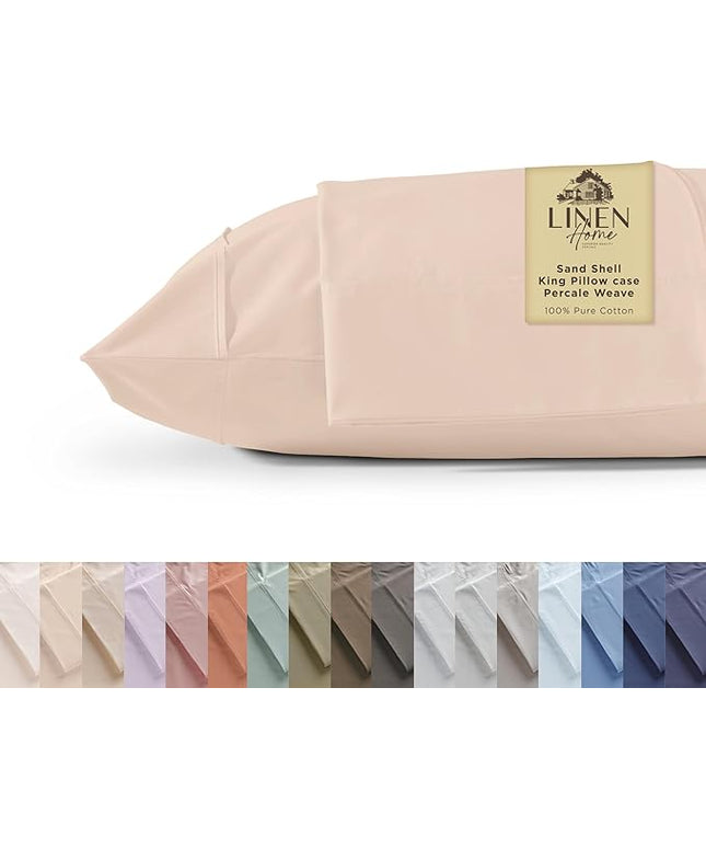 Linen Home 100% Cotton Percale Pillowcases King Size, Sand Shell, 2 Pieces of Pillow Case, Crisp and Cool Strong Bed Linen, 20 inches X 40 inches