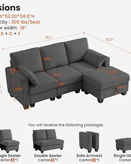CHIC HOUSE Corduroy Modular Sectional Couch with Ottoman Chaise, L/U Shaped Sleeper Sofa for Living Room, Apartment, Lounge, Modern Armrest Neck Support Furniture (4 Seater Sectional, Dark Grey)