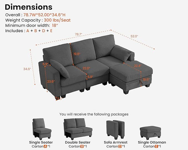 CHIC HOUSE Corduroy Modular Sectional Couch with Ottoman Chaise, L/U Shaped Sleeper Sofa for Living Room, Apartment, Lounge, Modern Armrest Neck Support Furniture (4 Seater Sectional, Dark Grey)
