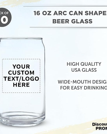 Custom Beer Can Glasses Set of 10, 16 oz. Pint Sized, Promotional Text, Logo, Soda Can Shape, Glassware, Clear