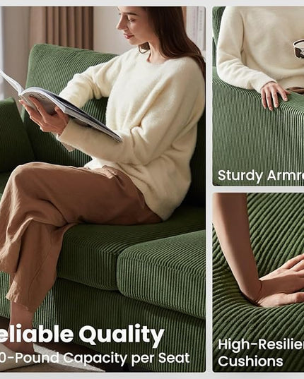 CHIC HOUSE Corduroy Modular Sectional Couch with Ottoman Chaise, L/U Shaped Sleeper Sofa for Living Room, Apartment, Lounge, Modern Armrest Neck Support Furniture (5 Seater Sectional, Green)