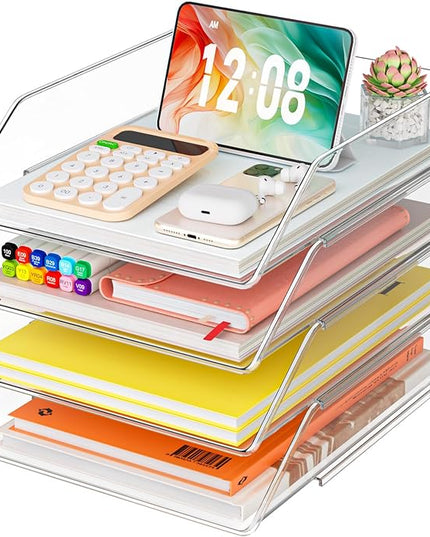 YKLSLH Simple 4 Tier Paper Organizer Letter Tray - Acrylic Stackable Desk File Organizer, Clear Paper Sorter Office Organizer for Letter/A4, Office File Ipad Books Notes Etc