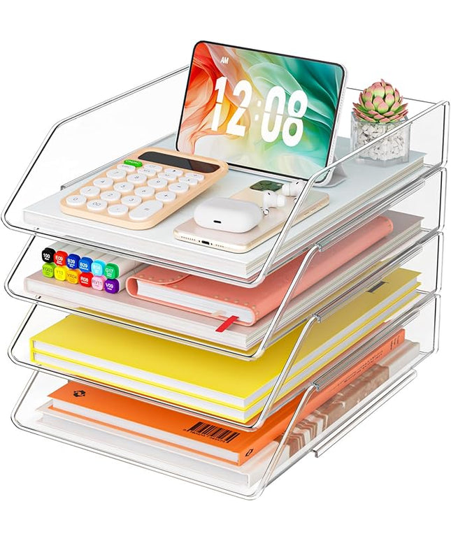 YKLSLH Simple 4 Tier Paper Organizer Letter Tray - Acrylic Stackable Desk File Organizer, Clear Paper Sorter Office Organizer for Letter/A4, Office File Ipad Books Notes Etc
