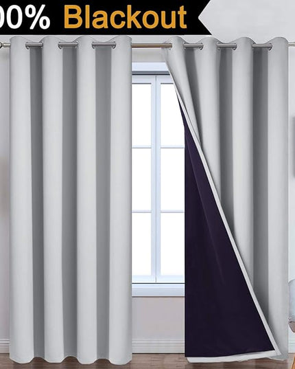 Yakamok 84 Inch Long 100% Blackout Curtains for Bedroom, 2 Thick Layers Thermal Insulated Grommet Total Blackout Drapes with Black Liner for Living Room (52Wx84L,Light Grey, 2 Panels)