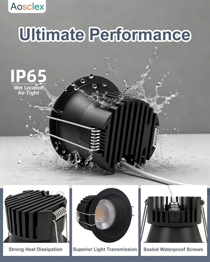 3 Inch 5CCT Anti-Glare LED Recessed Lights with Junction Box, 2700K/3000K/3500K/4000K/5000K Selectable, 12W 1260LM CRI90+, Dimmable Canless Waterproof Downlight, ETL & FCC（Black, 12 Pack）