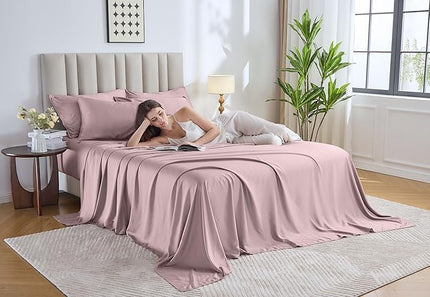 Pure Bamboo Queen Sheets, Genuine 100% Organic Viscose Derived from Bamboo Bed Sheet Set, Luxuriously Soft & Cooling, Double Stitching, 2 Year Quality Promise (Queen, Dusty Pink)