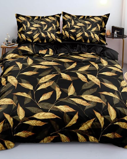 Trendy Flower Duvet Cover Set King Size for Gilrs and Boys Gold Leaves Sequin Bedding Comforter Cover Black Bed Set