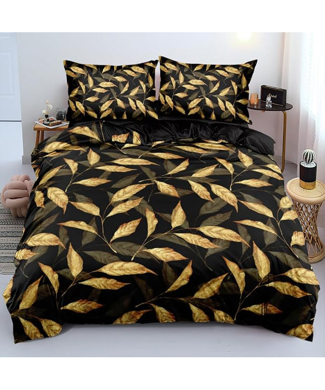 Trendy Flower Duvet Cover Set Twin Size for Gilrs and Boys Gold Leaves Sequin Bedding Comforter Cover Black Bed Set