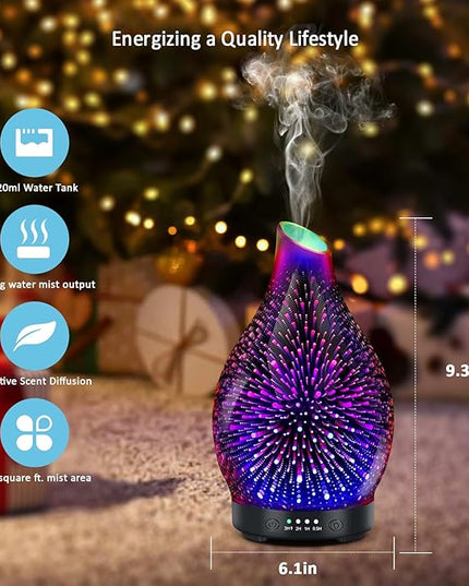 Essential Oil Diffuser 120ML -3D Firework Glass Aromatherapy Diffusers for Essential Oils with 4 Timer Setting Waterless Auto Shut-Off Silent Operation 7 Colors Lights Changing for Room, Office, Yoga
