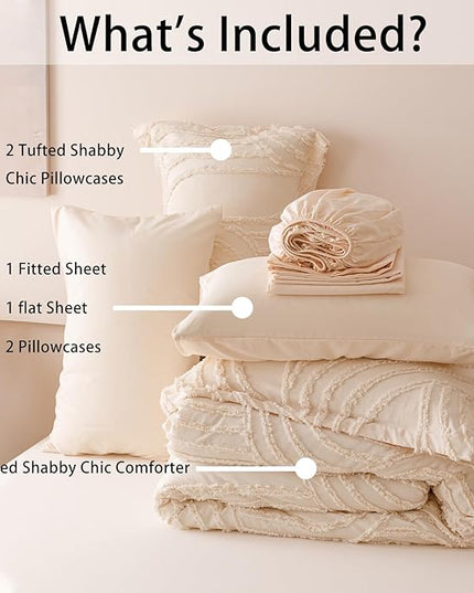 Beige Full Comforter Set - 7 Pieces Bed in a Bag, Premium Comforters Full Size Bed Set Tufted Shabby Chic Bedding Comforter Set with Flat Sheet, Fitted Sheet and Pillowcases,Beige